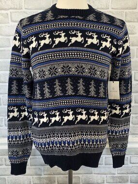 Aspen Fair Isle Crewneck Navy Winter Sweater Christmas Holiday Mens S NEW
